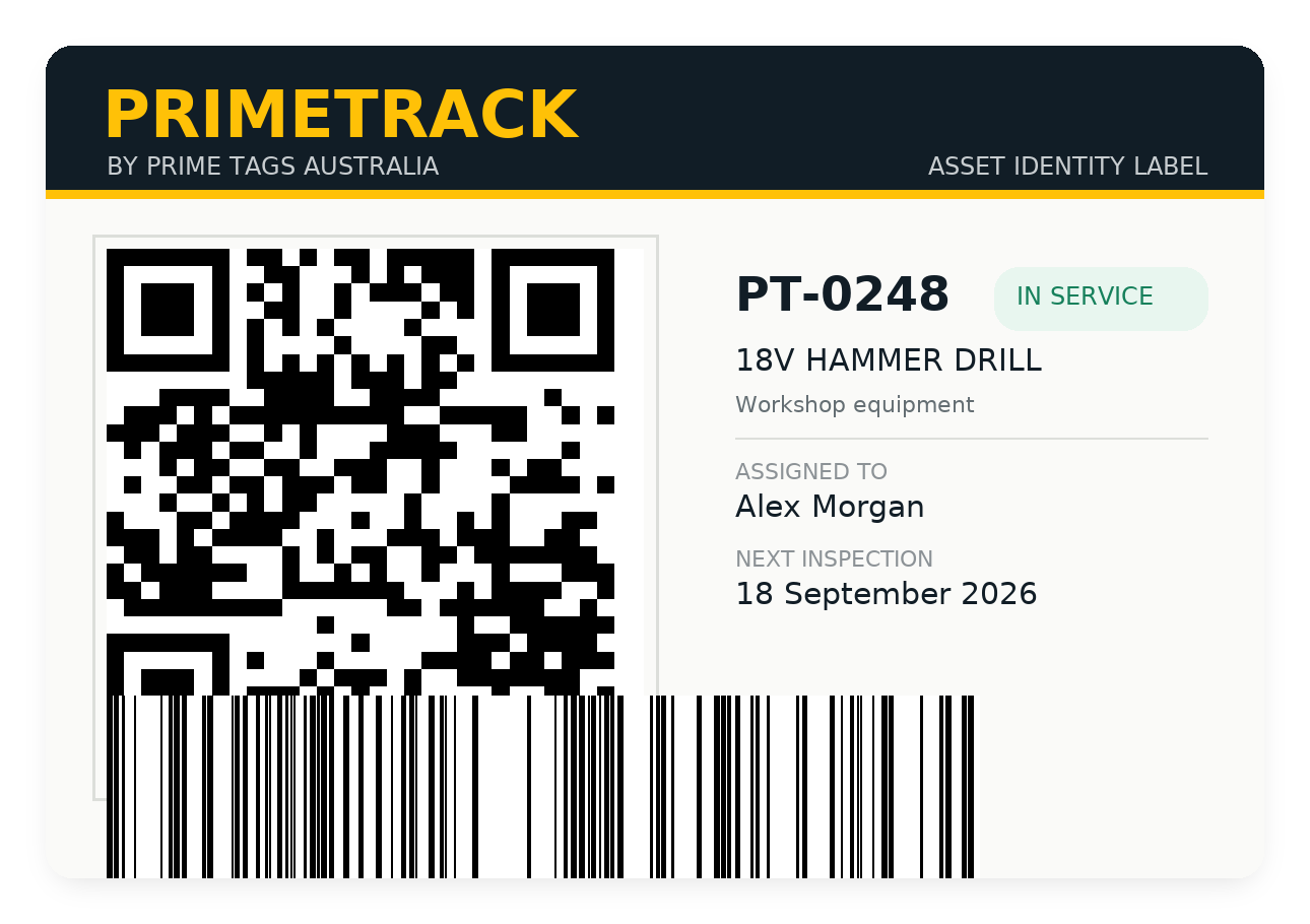 PrimeTrack asset label with QR code and Code 128 barcode